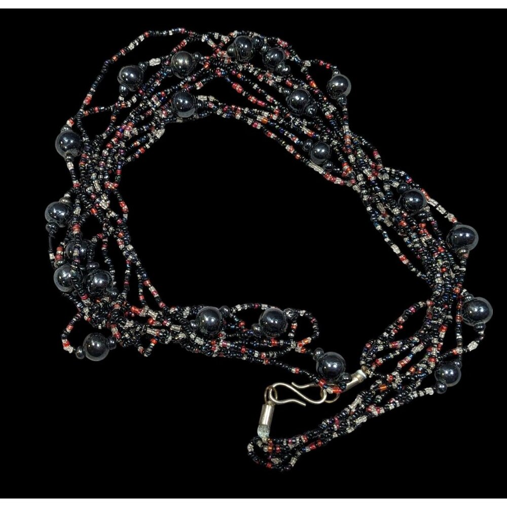 Vintage Elegant Black Red And Clear Glass Beaded Multilayer Necklace